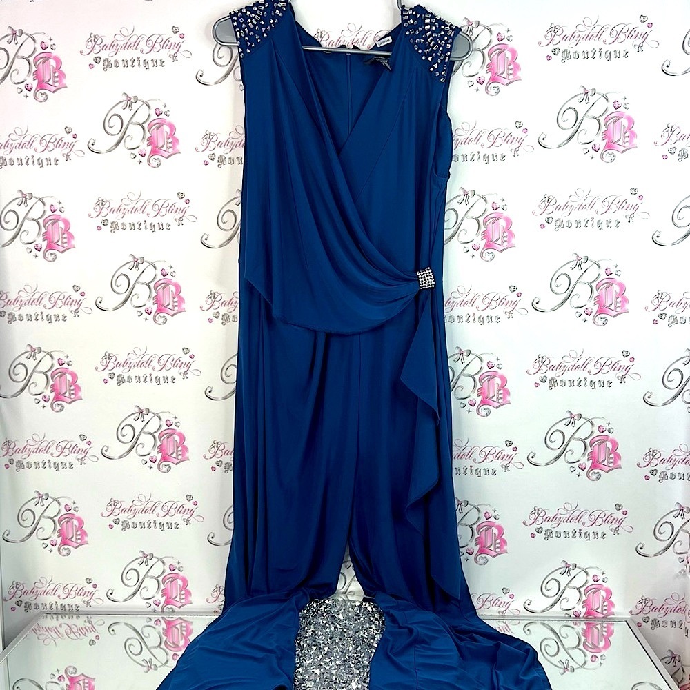 R&M Richards one piece jumpsuit pants formal luxe rhinestone Royal Blue Dress